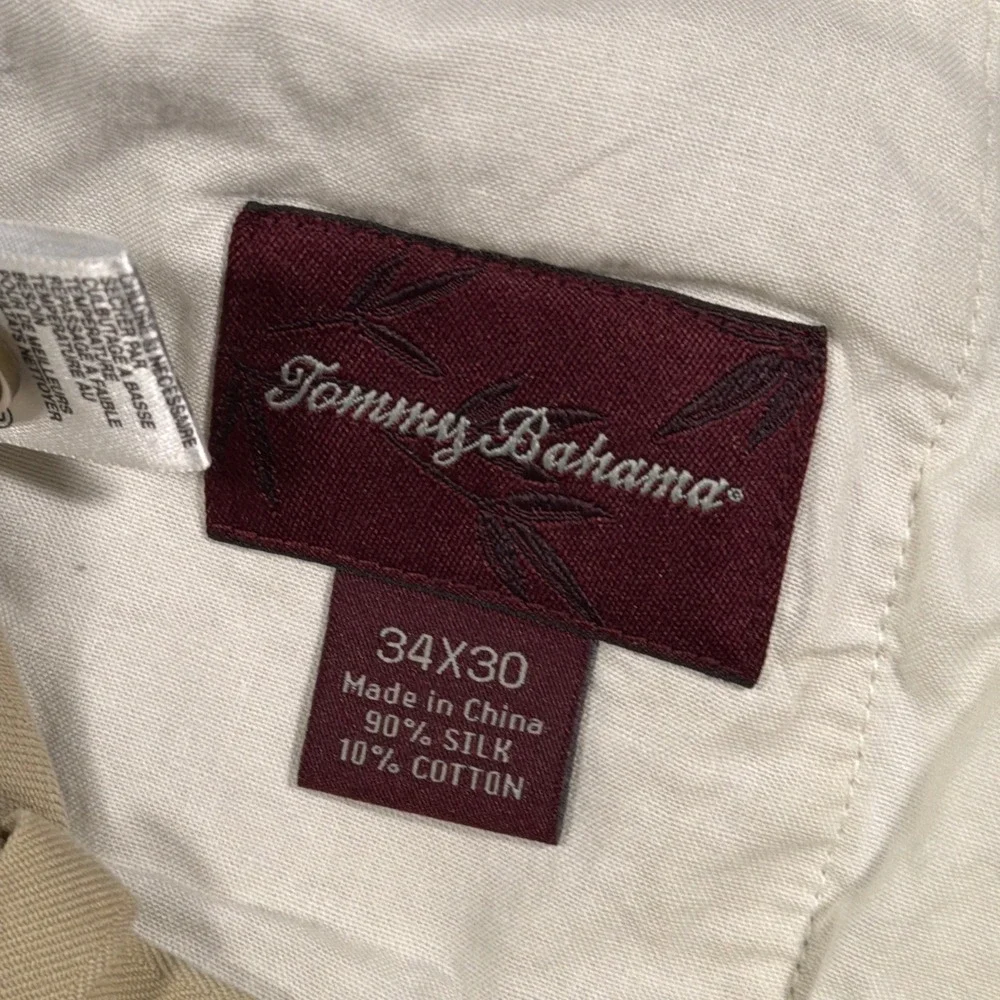 Tommy Bahama Pleated Pants Mens 34x27 Tan Silk Casual Chino Beach Vacation Hem